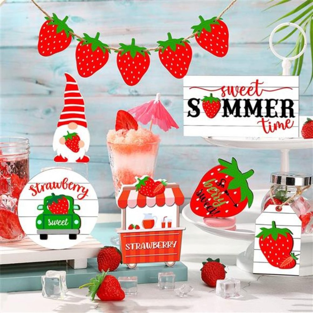 11 Pieces Summer Hawaii Tiered Tray Decor Set Summer Wood Sign, Strawberry Style